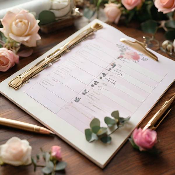 A table with pages, pen, and pencil with roses scattered around.